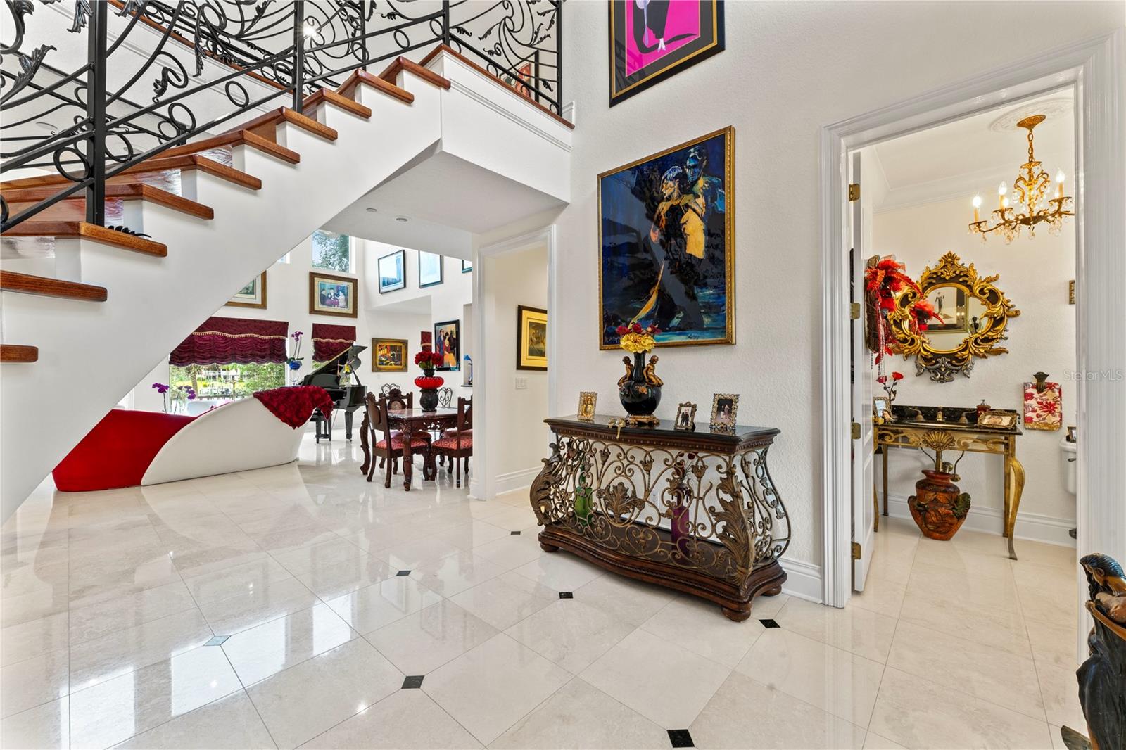 Staircase with Living Room and Half Bath
