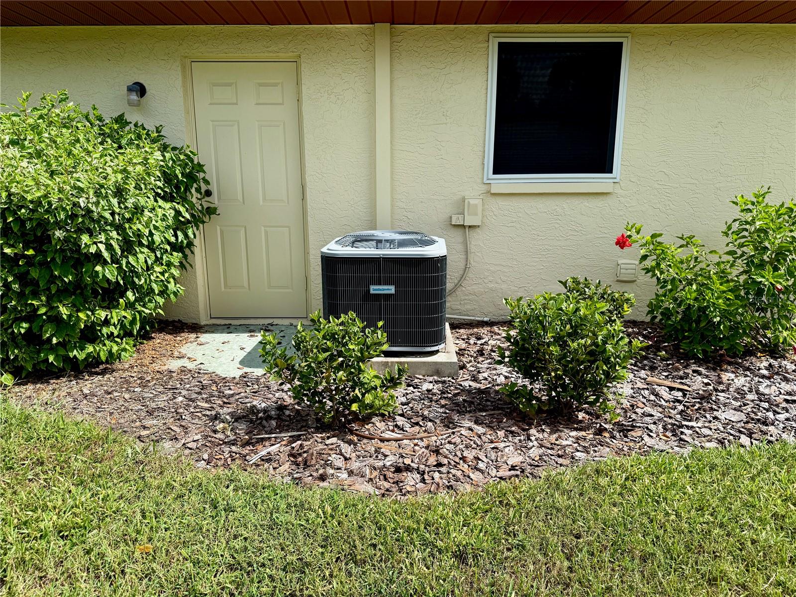 Side of house - AC unit; garage side door.