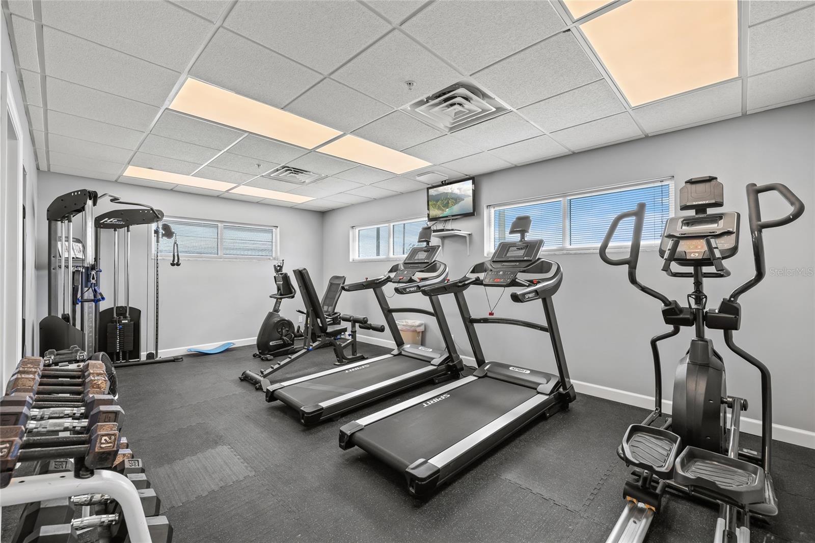 Onsite fitness center.