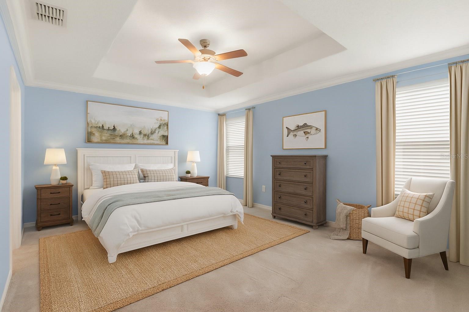 Virtual Staging. Primary Bedroom Suite with crown molding, tray ceilings, large walk-in closet and En Suite bathroom.