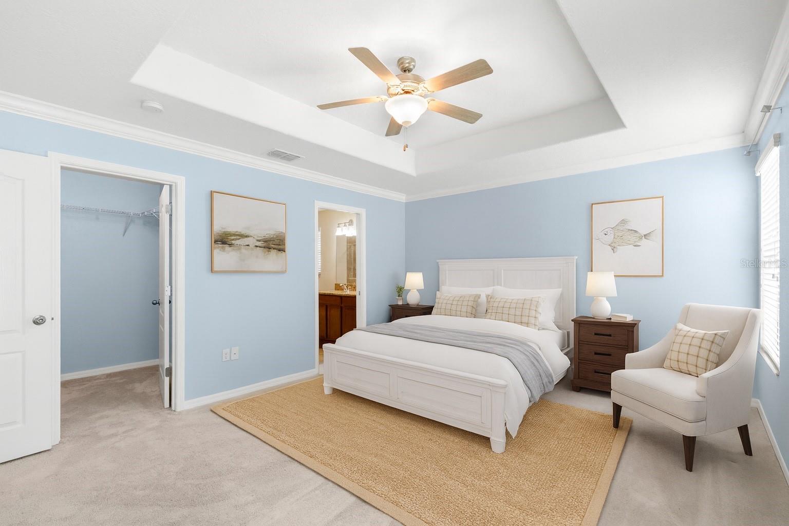 Virtual Staging. Primary Bedroom Suite with large walk-in closet and En Suite Bathroom.