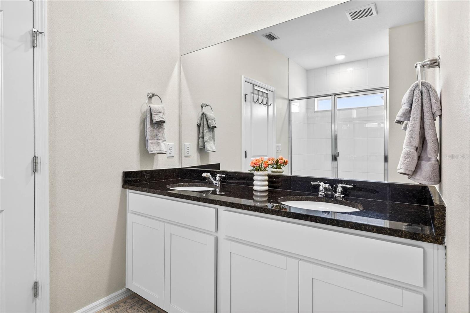 Ensuite bath has dual sinks, walk-in shower, linen closet + large walk-in closet.