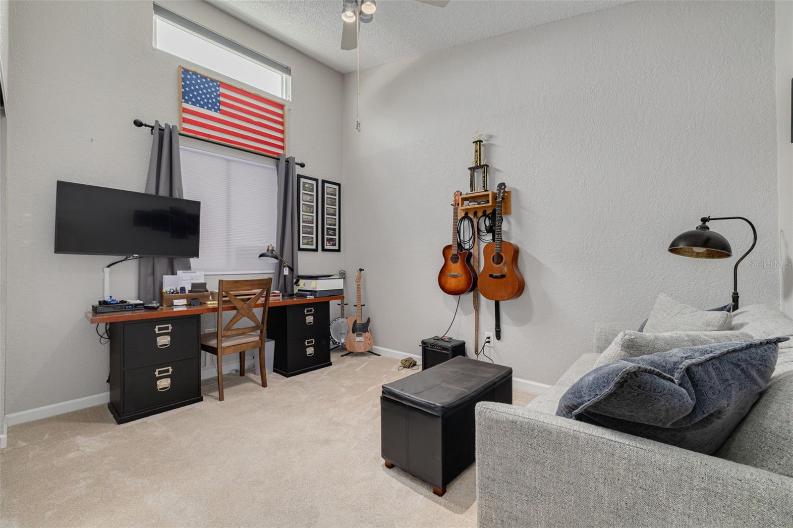 2nd Bedroom with high ceiling, transom window & ceiling fan