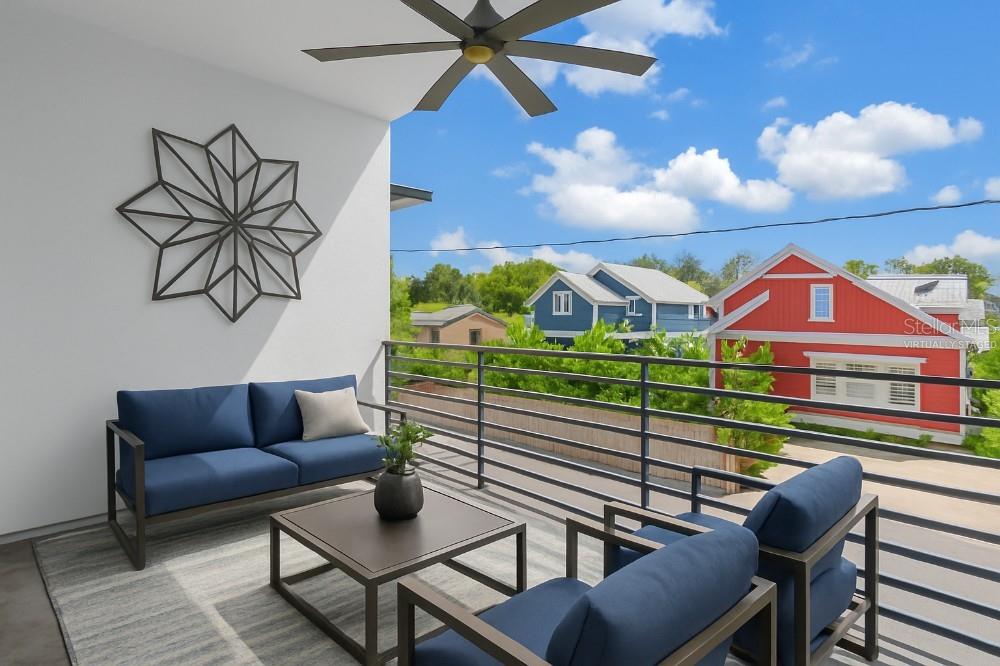 Virtually Staged Covered Balcony Second Floor