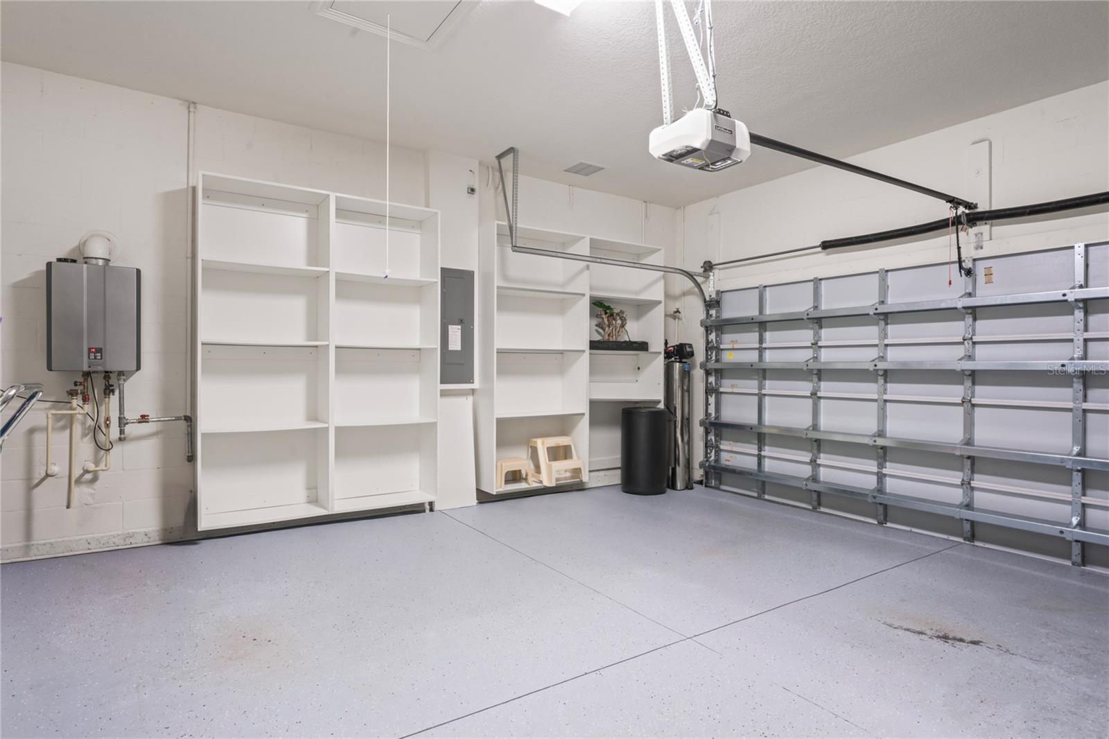 2 car garage with storage and water softener