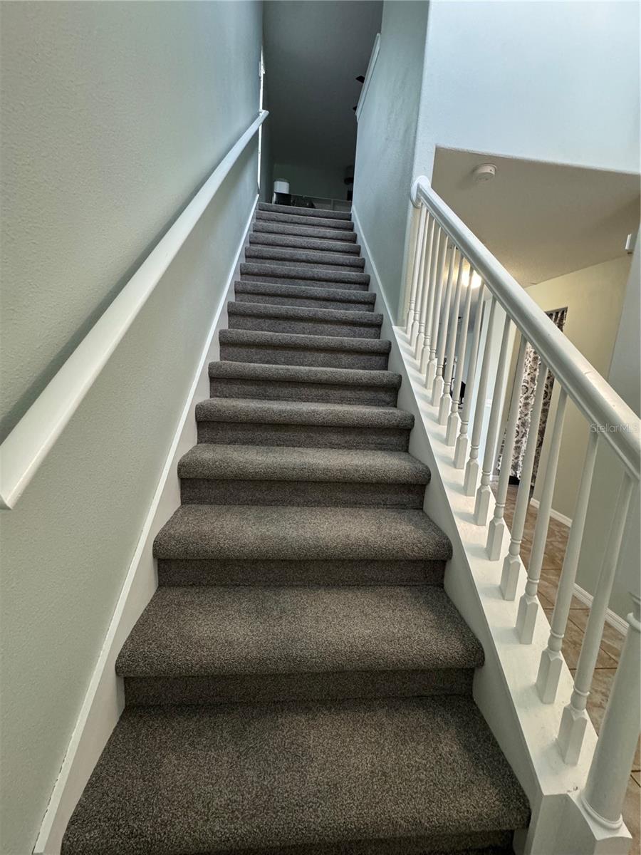 Staircase leading to the loft with extra plush brand-new carpeting.