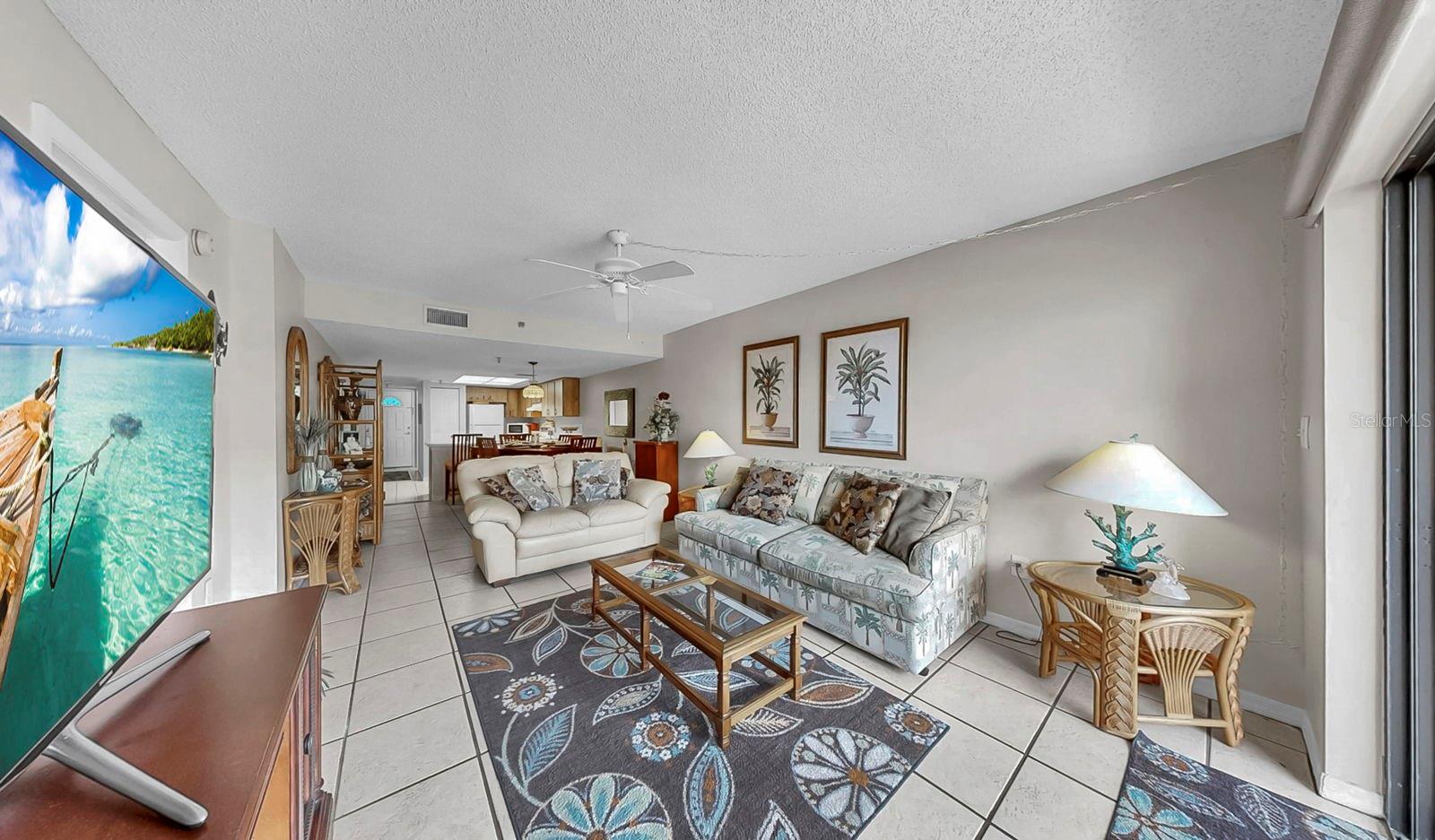 Open living room overlooking porch