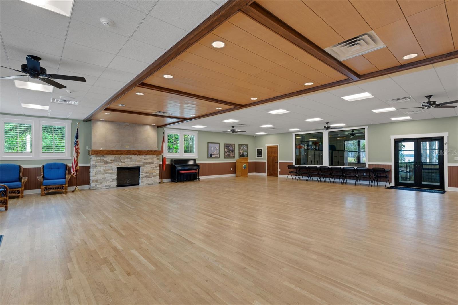 Inside the lodge with fireplace and full kitchen