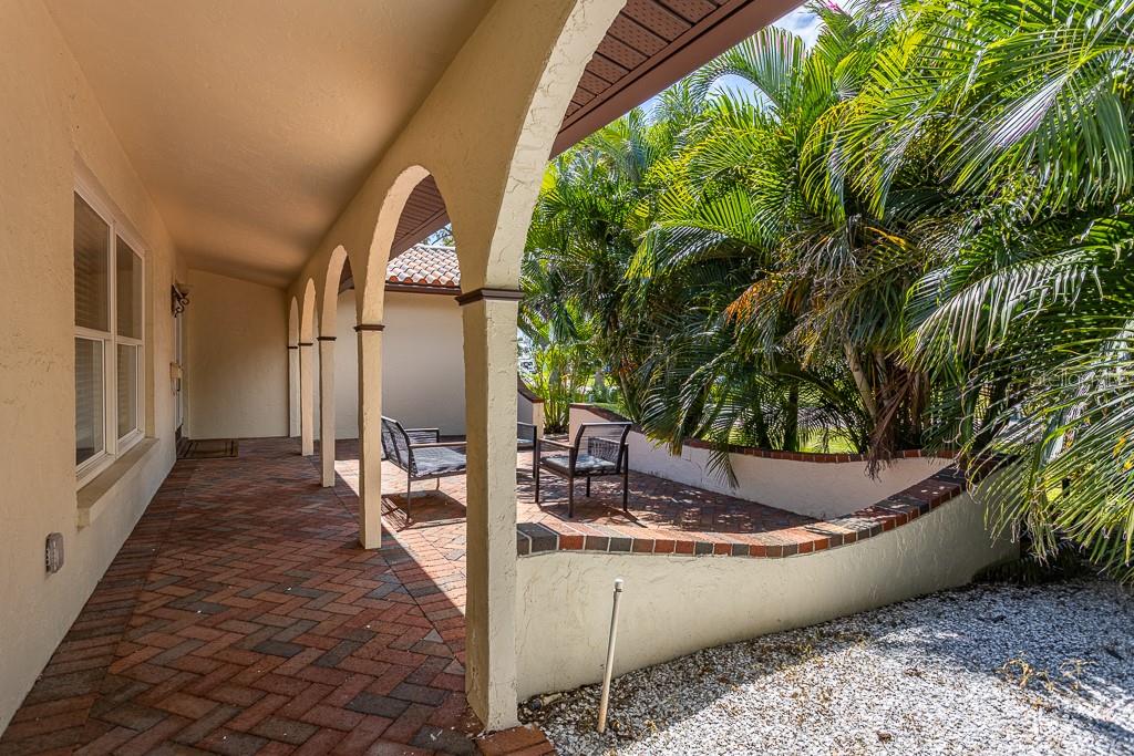 Courtyard enveloped by lush Arica Palm trees