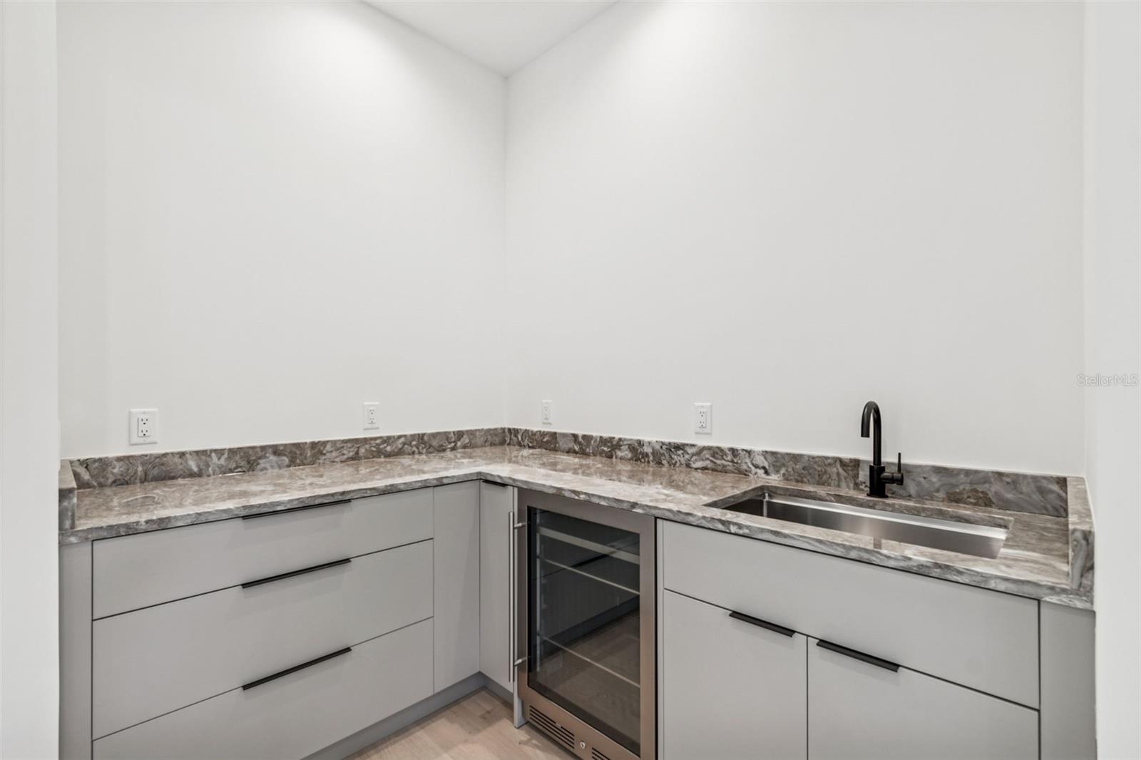 Ttheater room with custom cabinetry sink and wine cooler