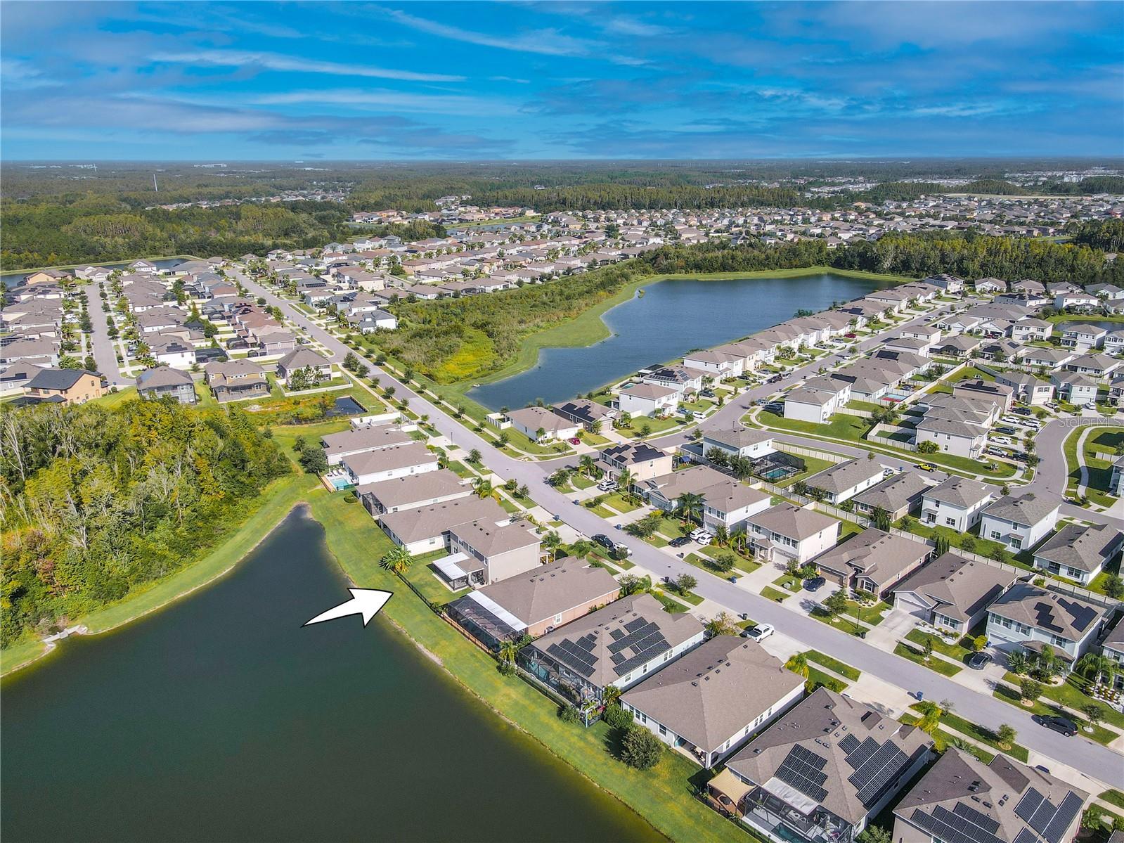Broad aerial shot of Union Park displaying the winding streets, ponds, and beautifully planned community layout.