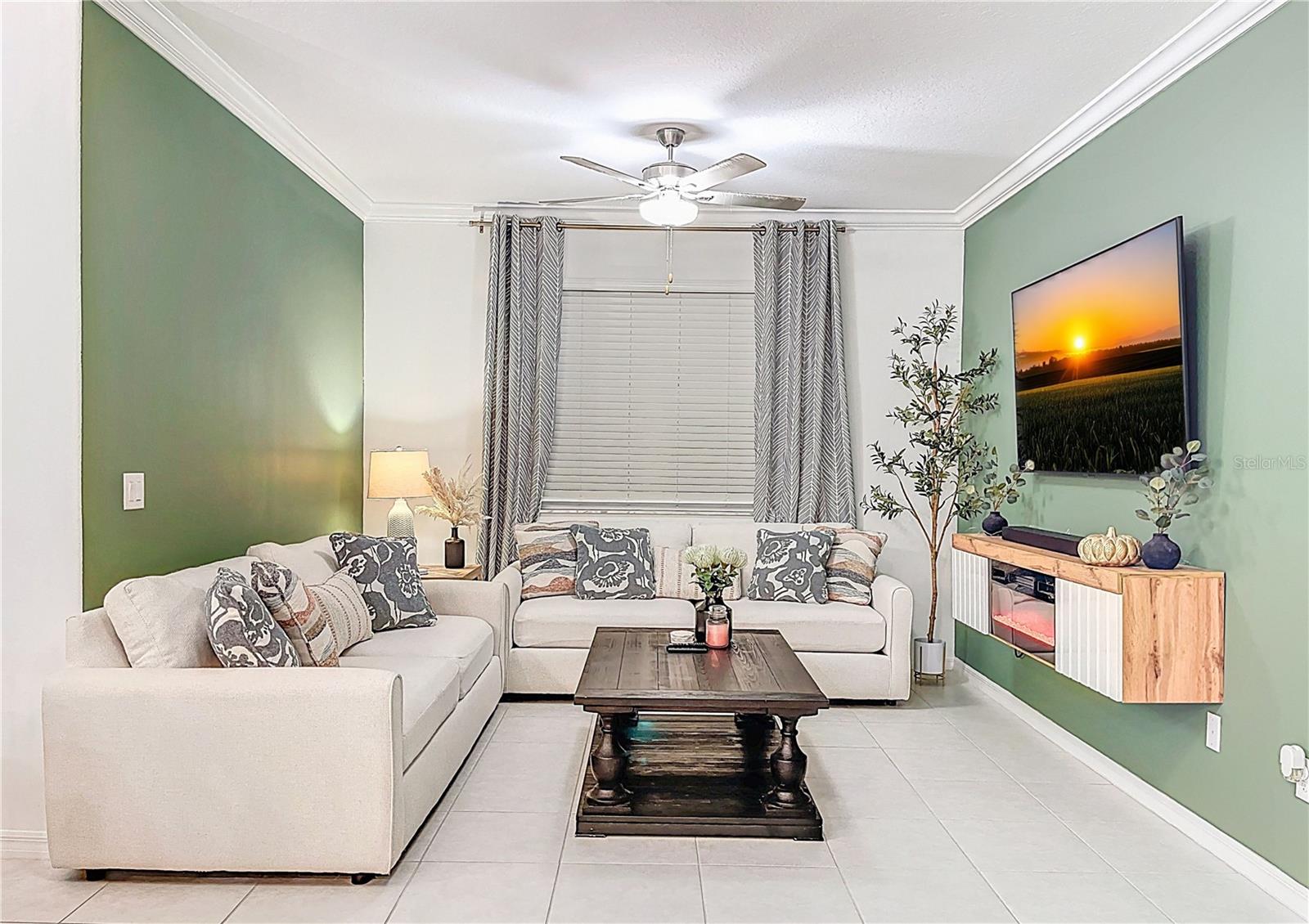 Living room, built in electric fireplace