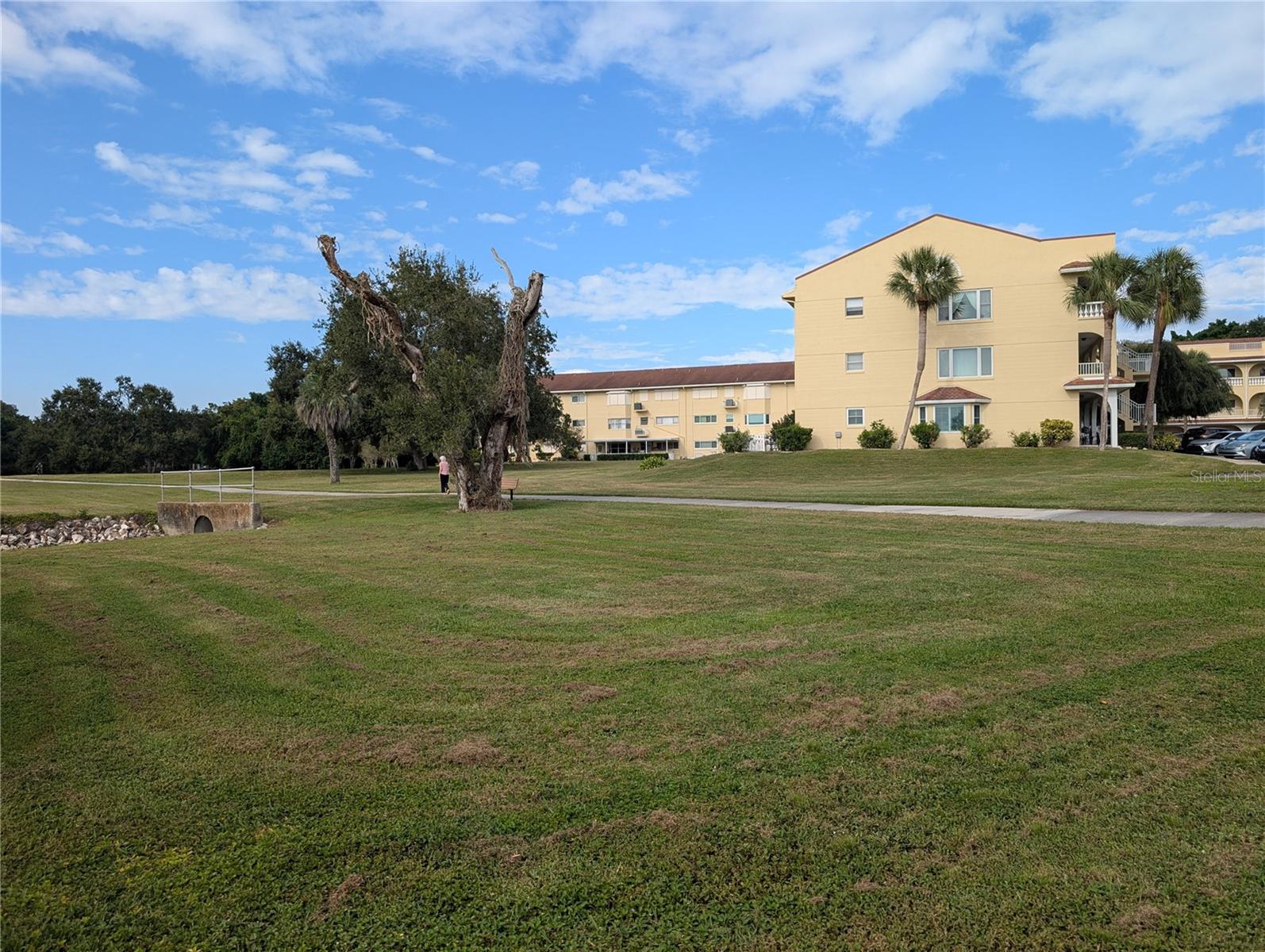 Back side of Building #85, Espana Building, has open parklike backyard leading to Arbor Lake.  Walking paths available to enjoy the scenery.