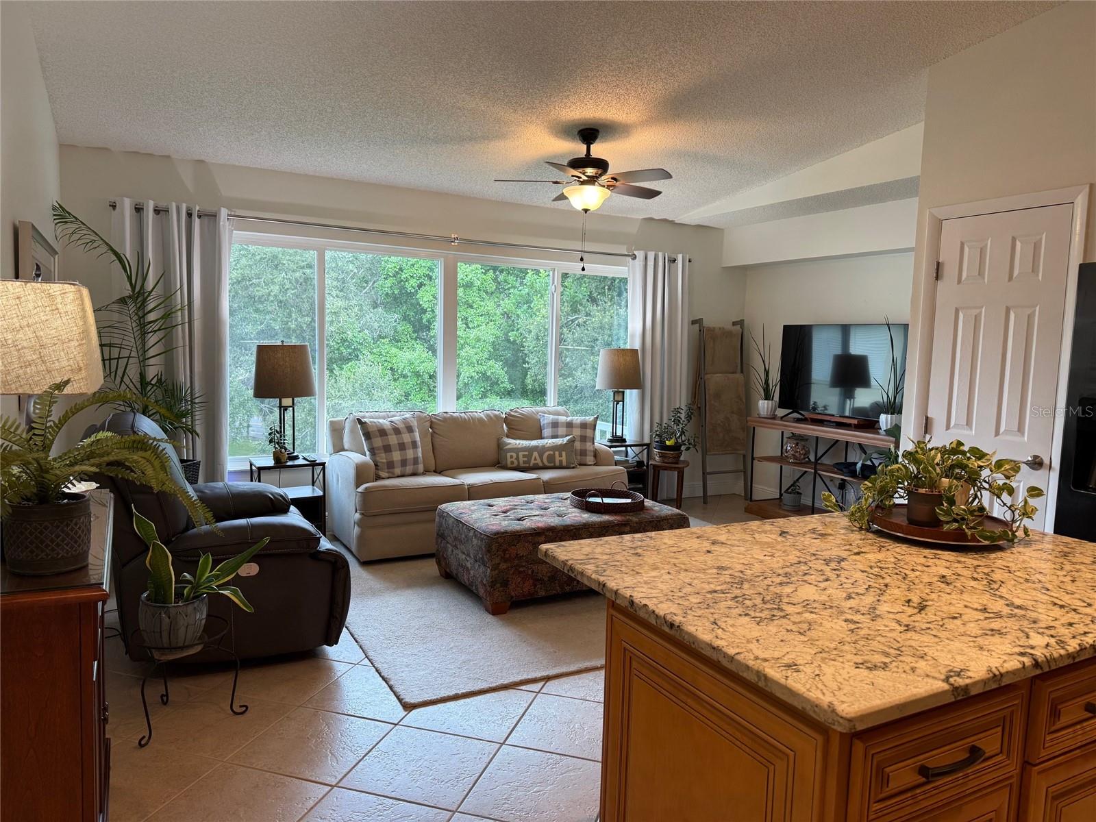 Looking out over the back of the complex, the massive window provides a scenic, parklike view, The diagonal pattern of the tile floor and the cathedral ceiling provides a spacious, comfortable atmosphere.  A very relaxing living area.  Around the corner from the pantry is the washer/dryer unit...no need for a laundrymat!