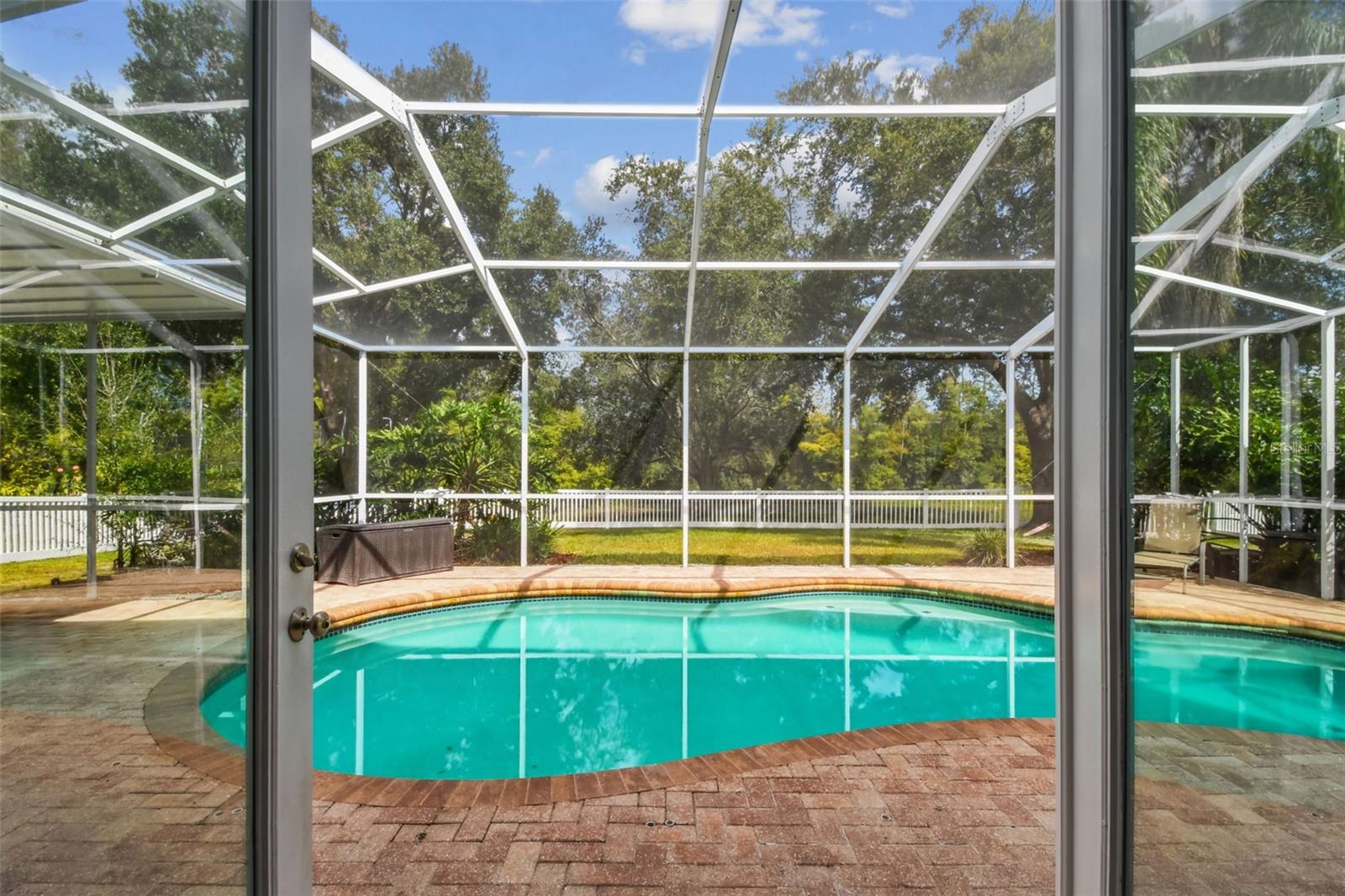 View of the pool from the French doors