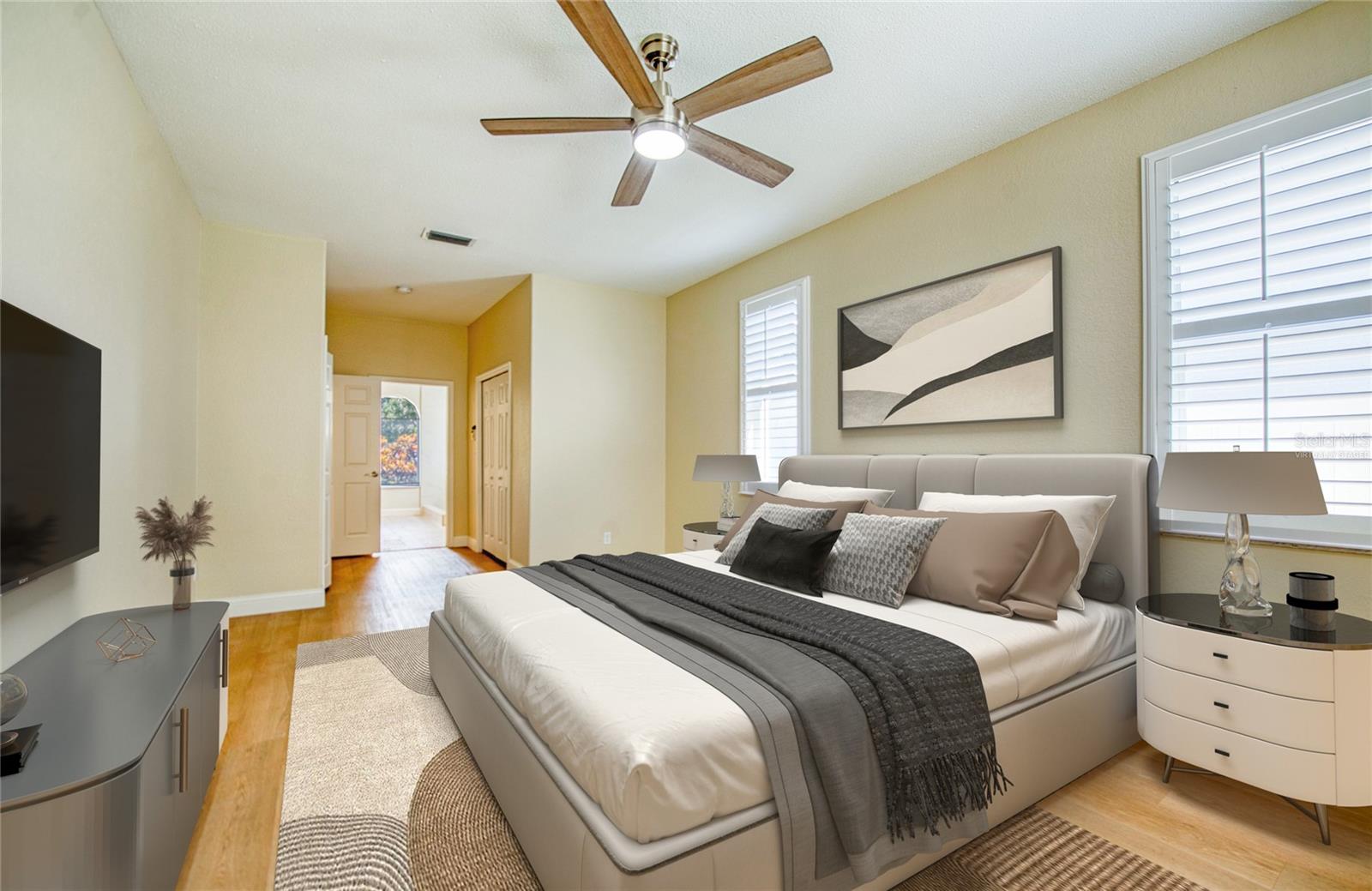 Contemporary style virtually staged main bedroom