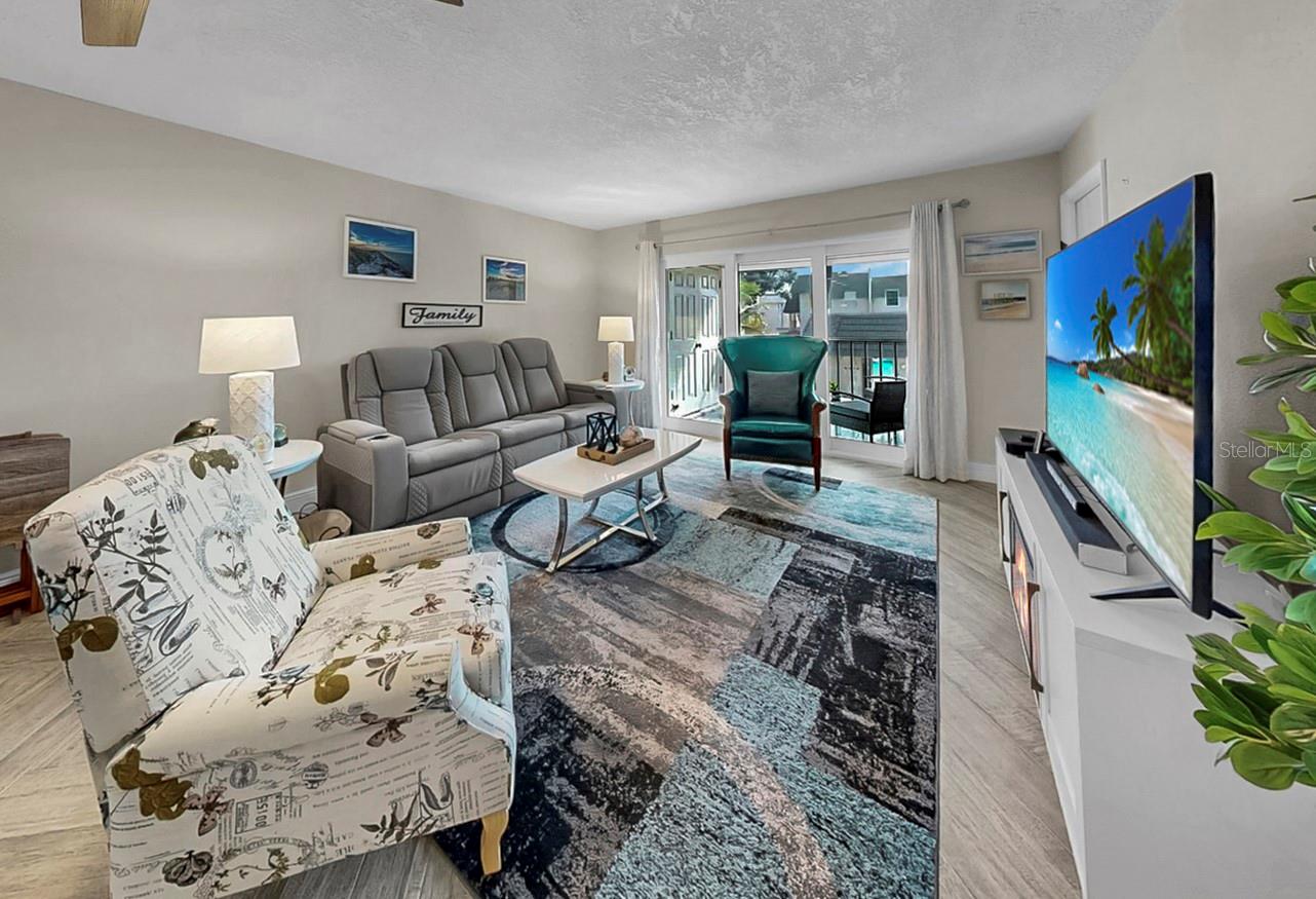 Living room overlooking pool.
