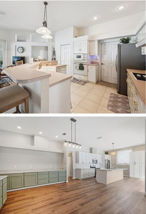 MOVED THE KITCHEN...The top picture is the BEFORE Kitchen which was in the corner....  BOTTOM PICTURE:  Kitchen NOW was moved to overlook the pool... Huge amounts of storage.