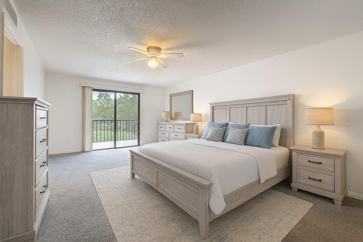 Virtually staged master bedroom.
