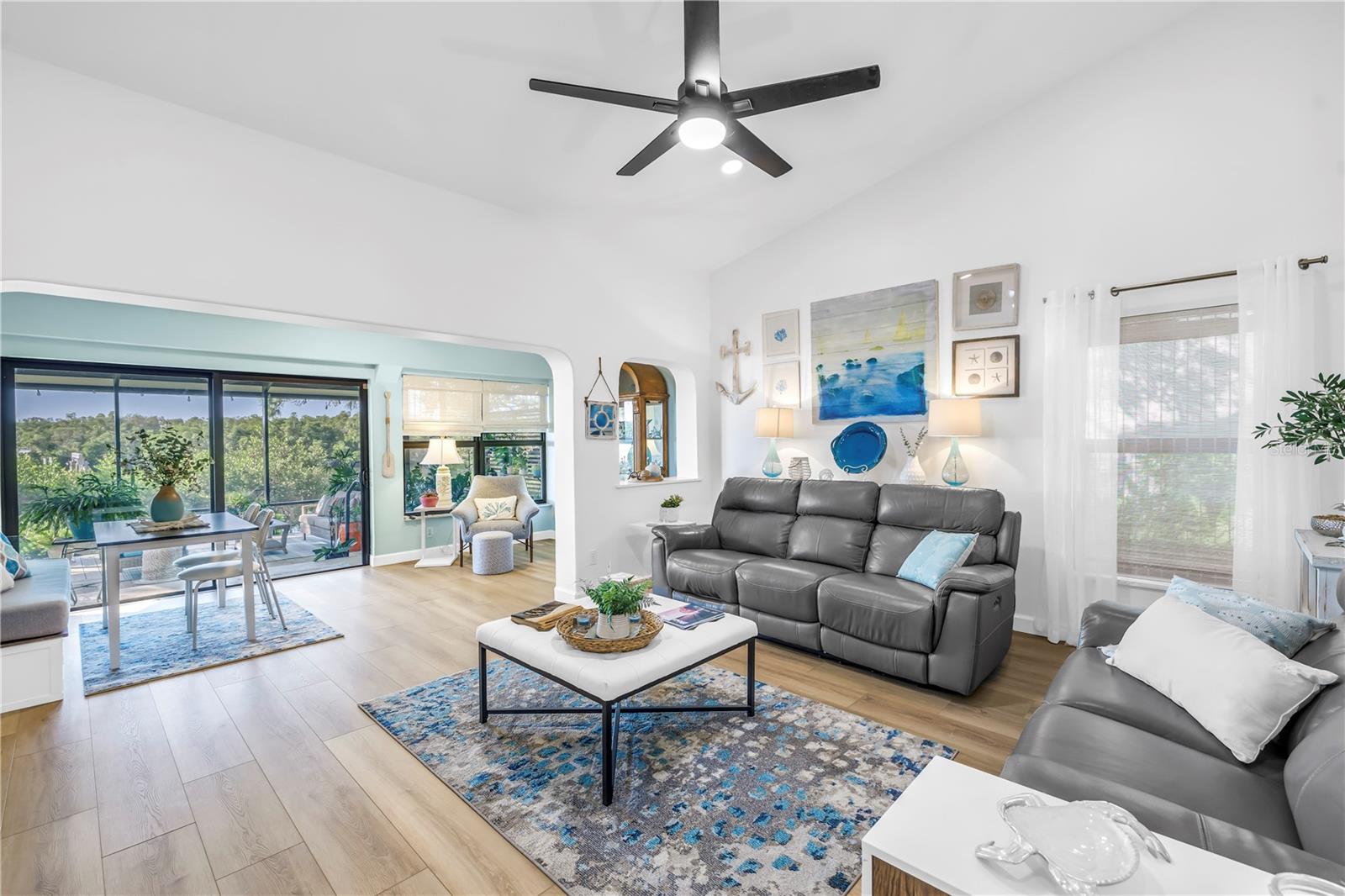 High Vaulted Ceiling with updated finish, wide views of the preserve from indoor living space.  South Facing