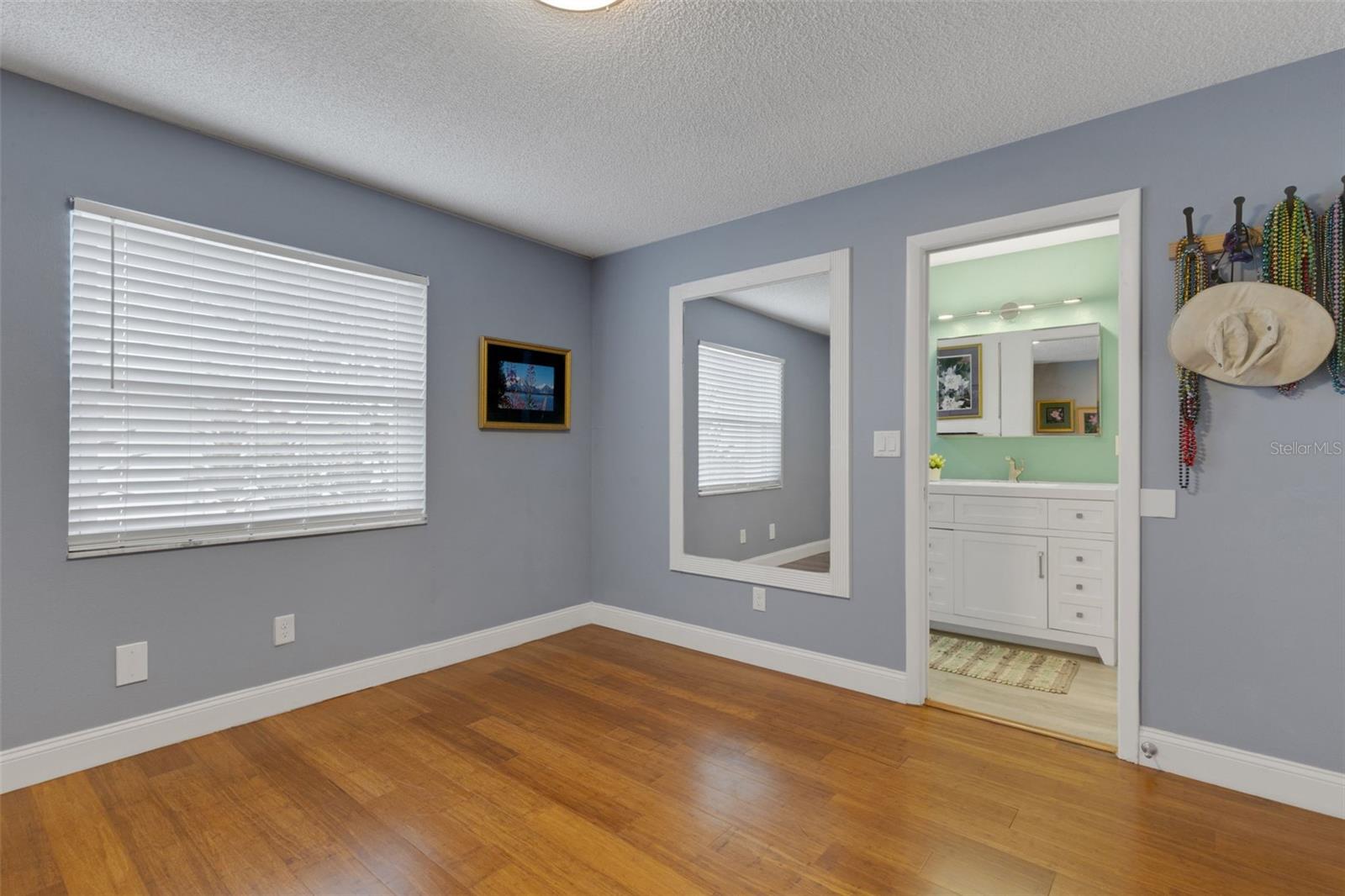 Guest bedroom has convenient pocket door to guest Bath