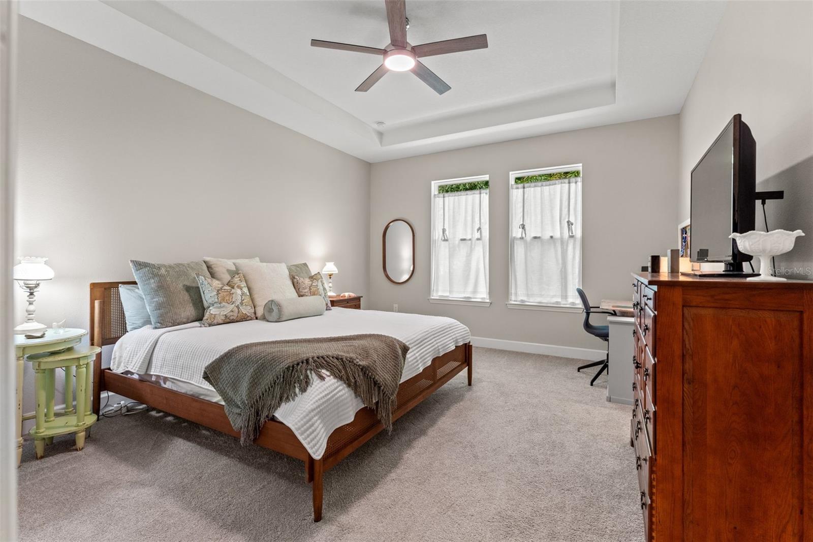 Spacious and serene primary suite featuring tray ceilings, plush carpeting, and ample natural light—creating a calming retreat at the end of the day.