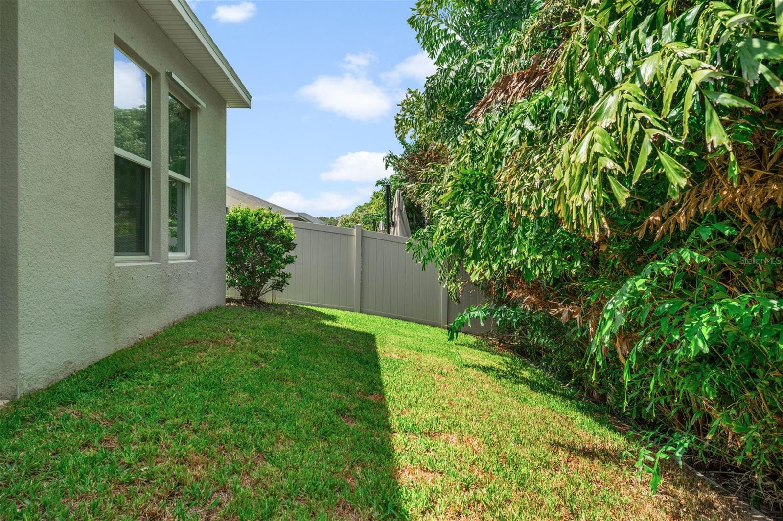 Private, fully fenced backyard bordered by mature tropical landscaping, offering both privacy and a lush green view.
