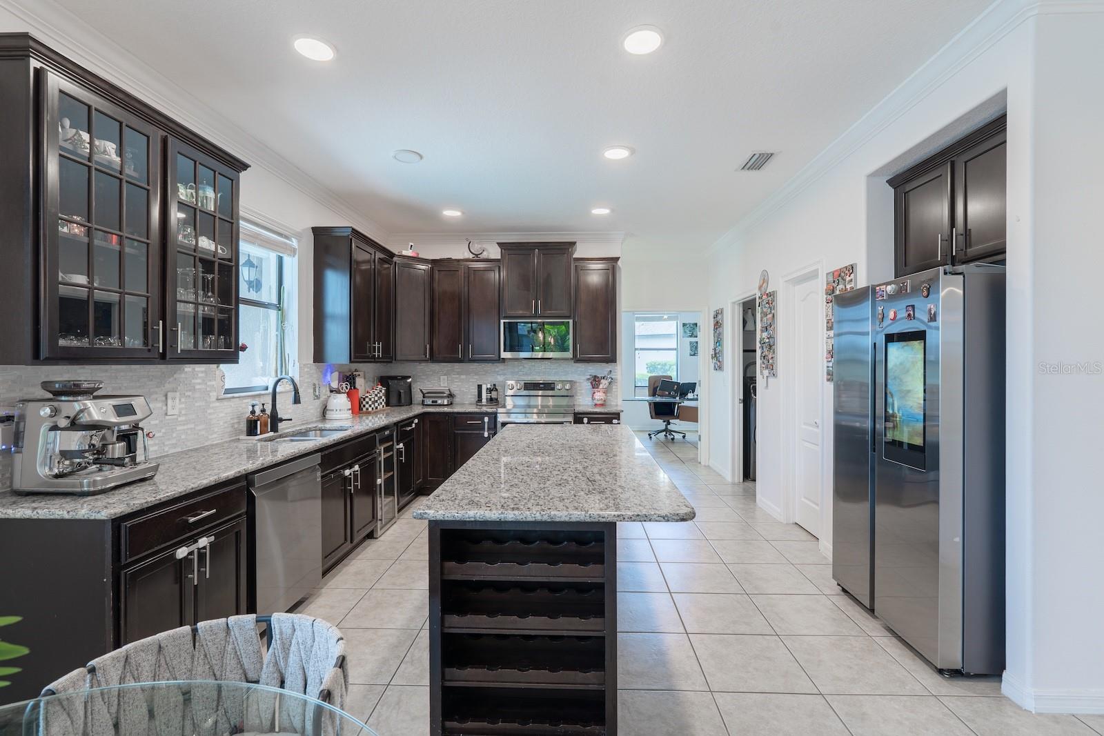 Wine rack in kitchen island.