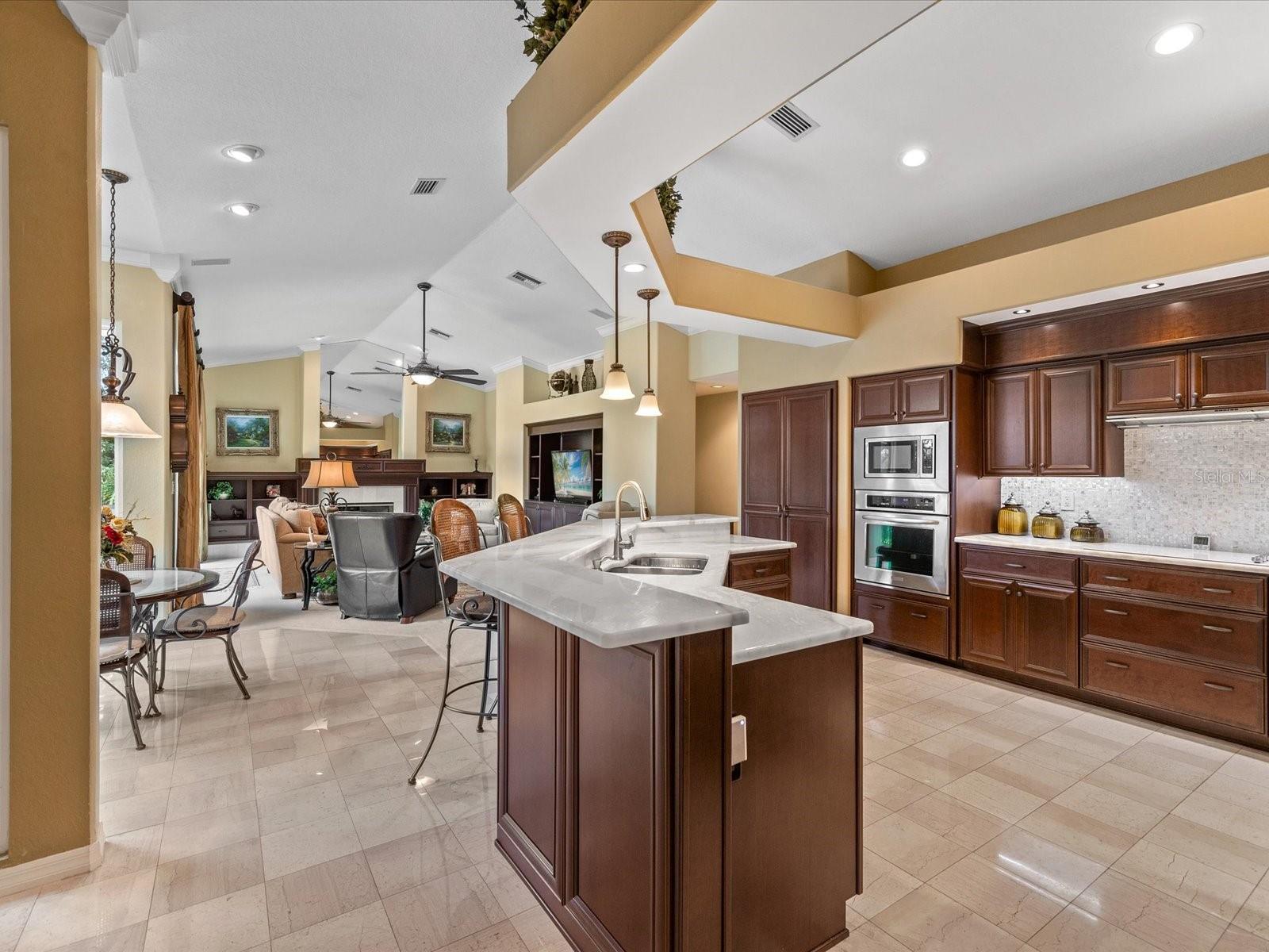 Chef kitchen opens to the family room, overlooks courtyard and pond