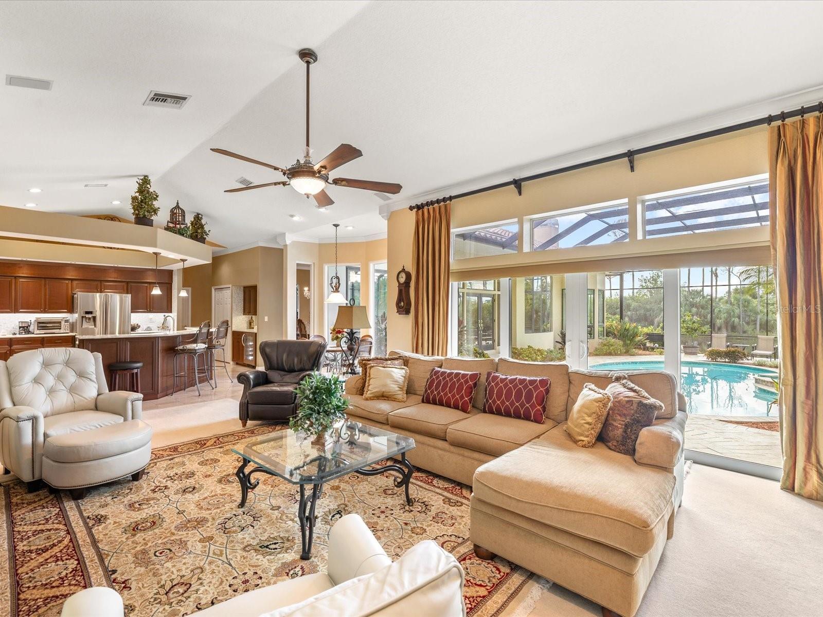 Family room with sliders to the pool
