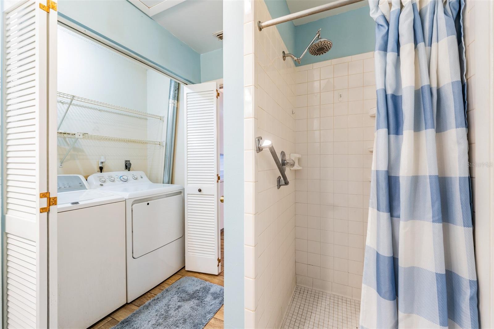 Master Bedroom Shower, Washer and Dryer on the left in a closet.