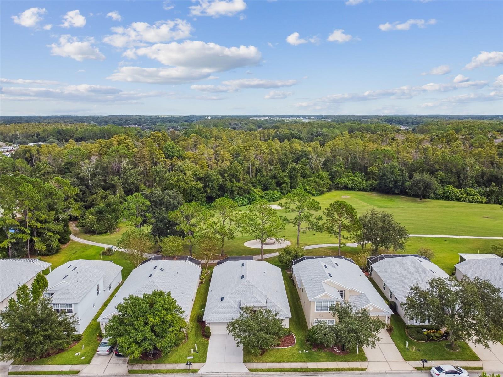 Aerial view of golf course and private forest view behind the property