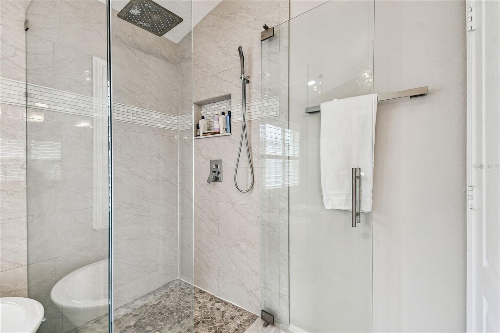 Marble recessed shelf for shampoo, waterfall & hand held shower head combo