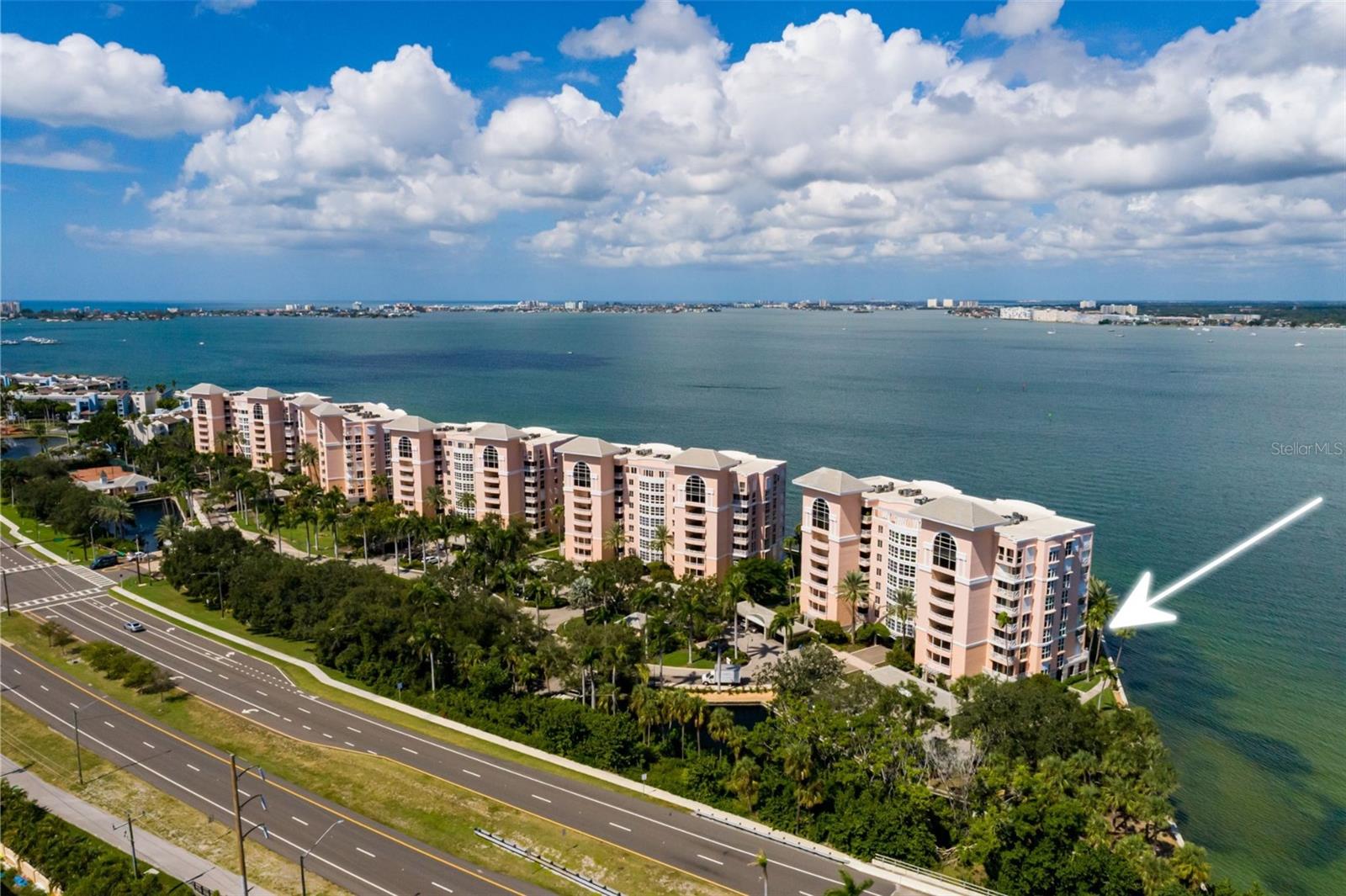 Bacopa Bay Condos on Boca Ciega Bay, Arrow shows location of corner, end unit #205.