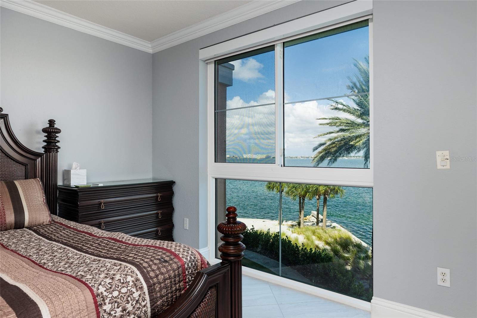 Primary bedroom view & 2023 high impact window that has an electric blind.