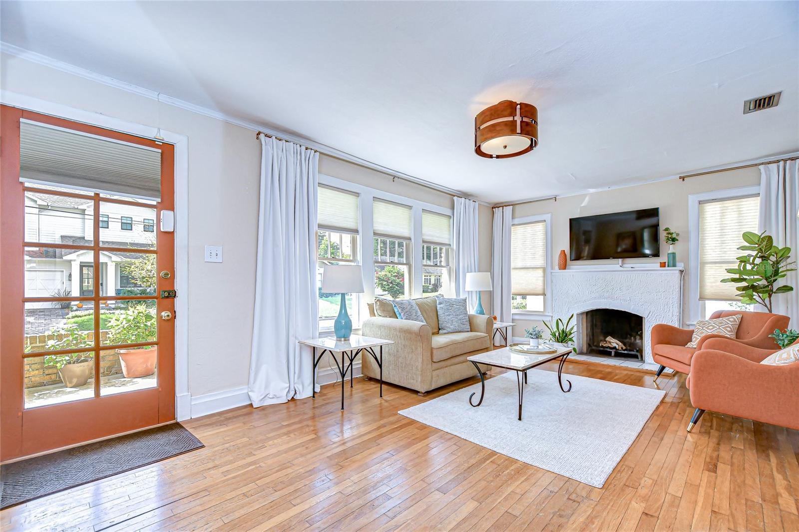 Living Room with wood-burning fireplace
