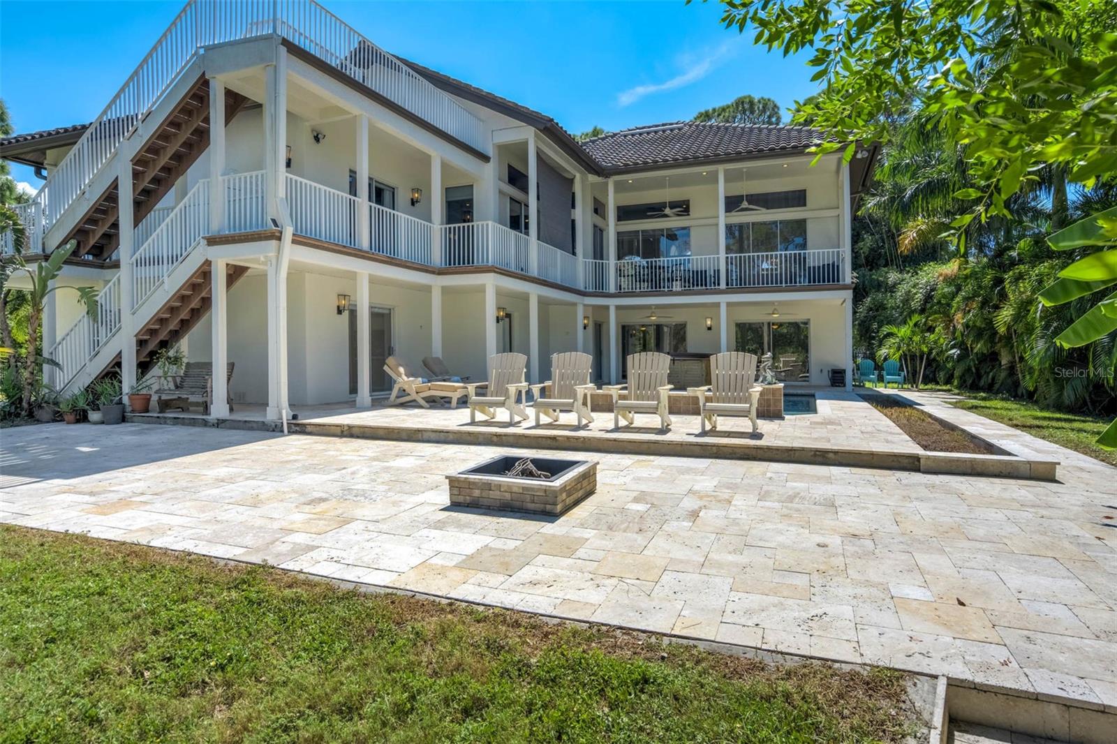Travertine Decking, Pool, and firepit