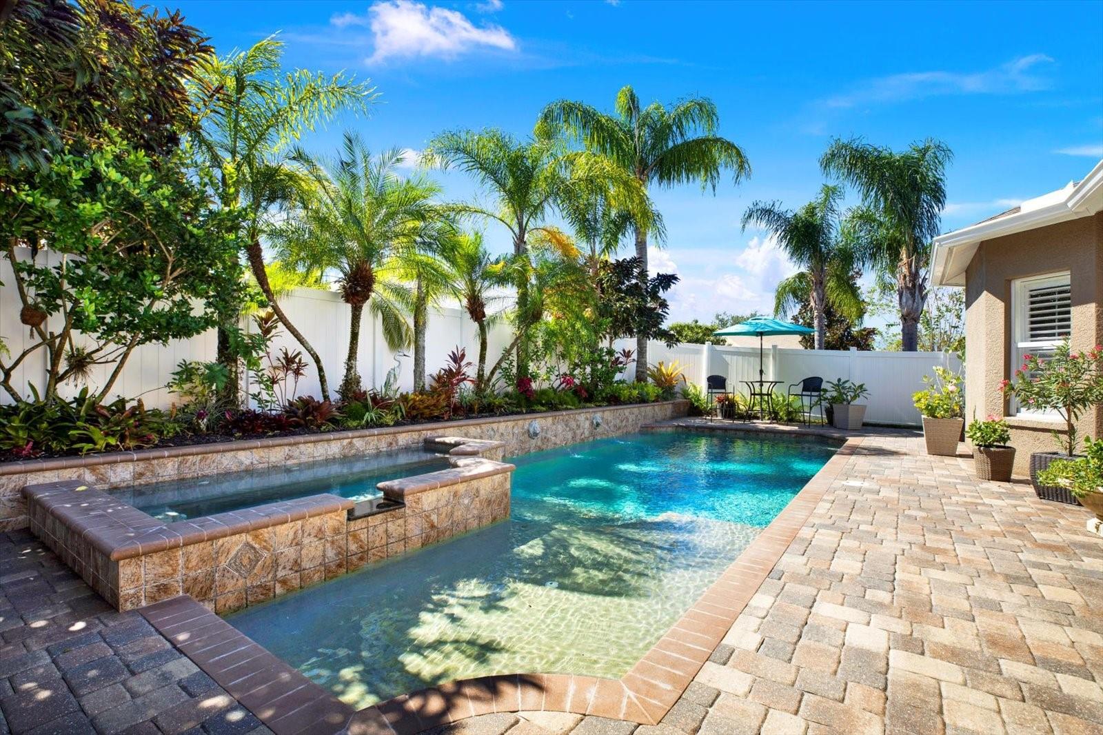 Resort-style saltwater pool and spa surrounded by tropical landscaping, elegant pavers, and a low-maintenance backyard oasis.