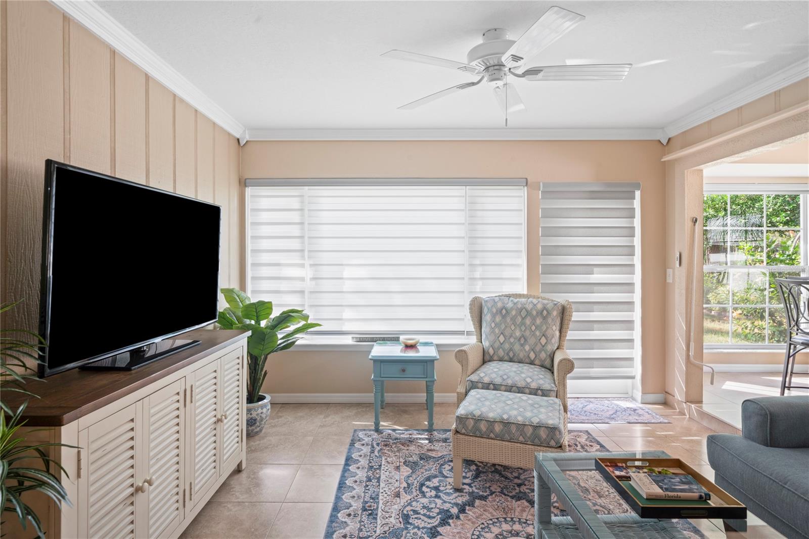 with blinds drawn...