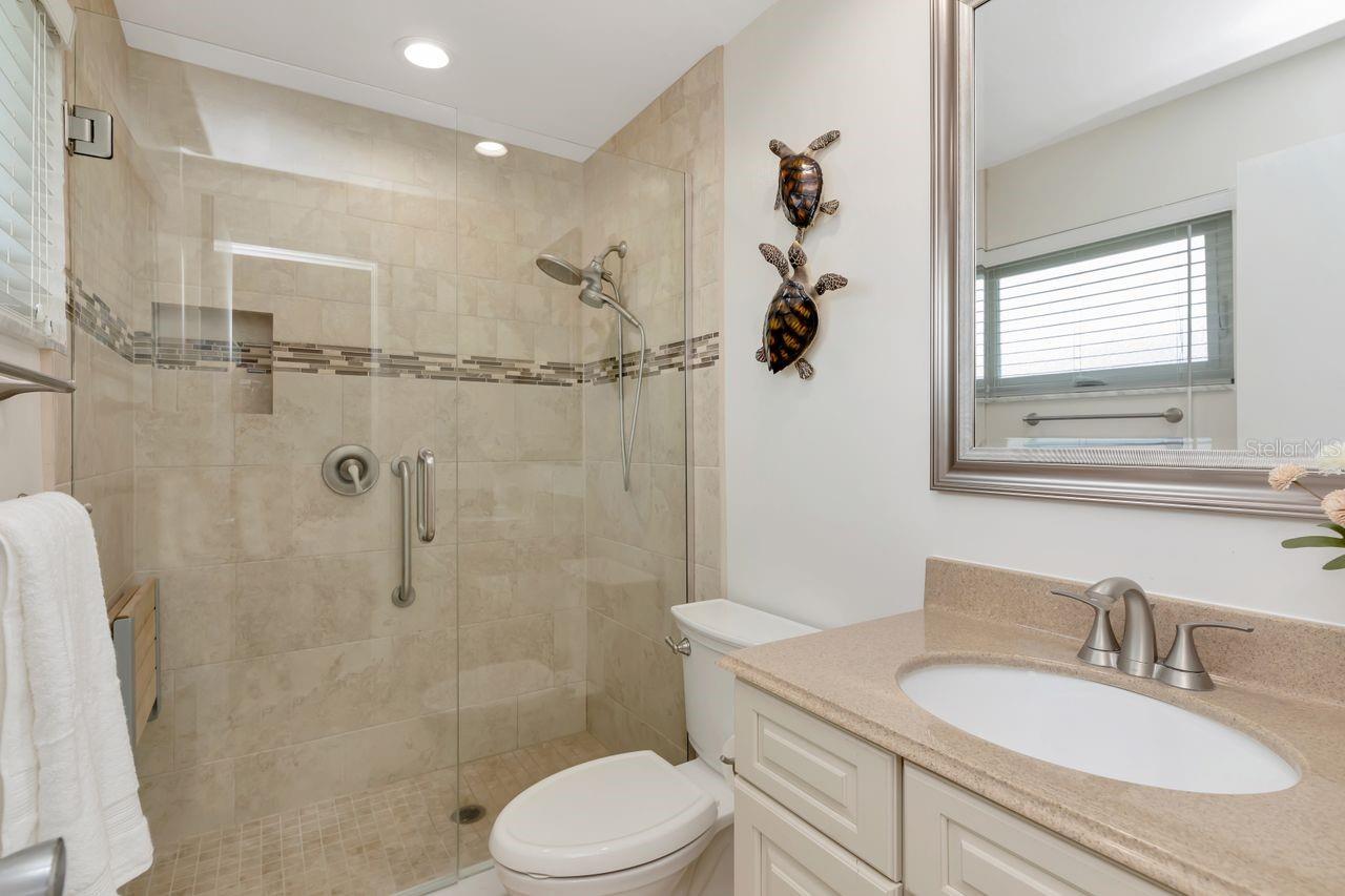 Primary bathroom —- updated with drop down seat in shower