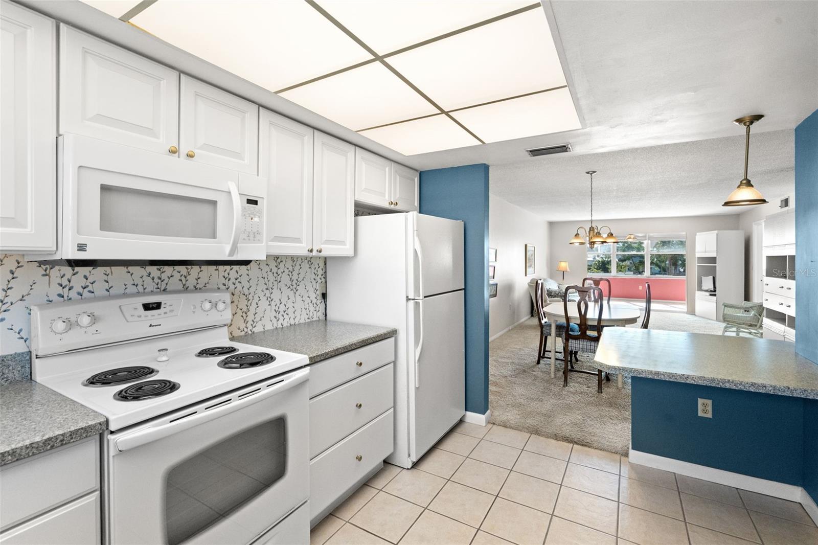 The kitchen flows seamlessly into the open dining and living areas.