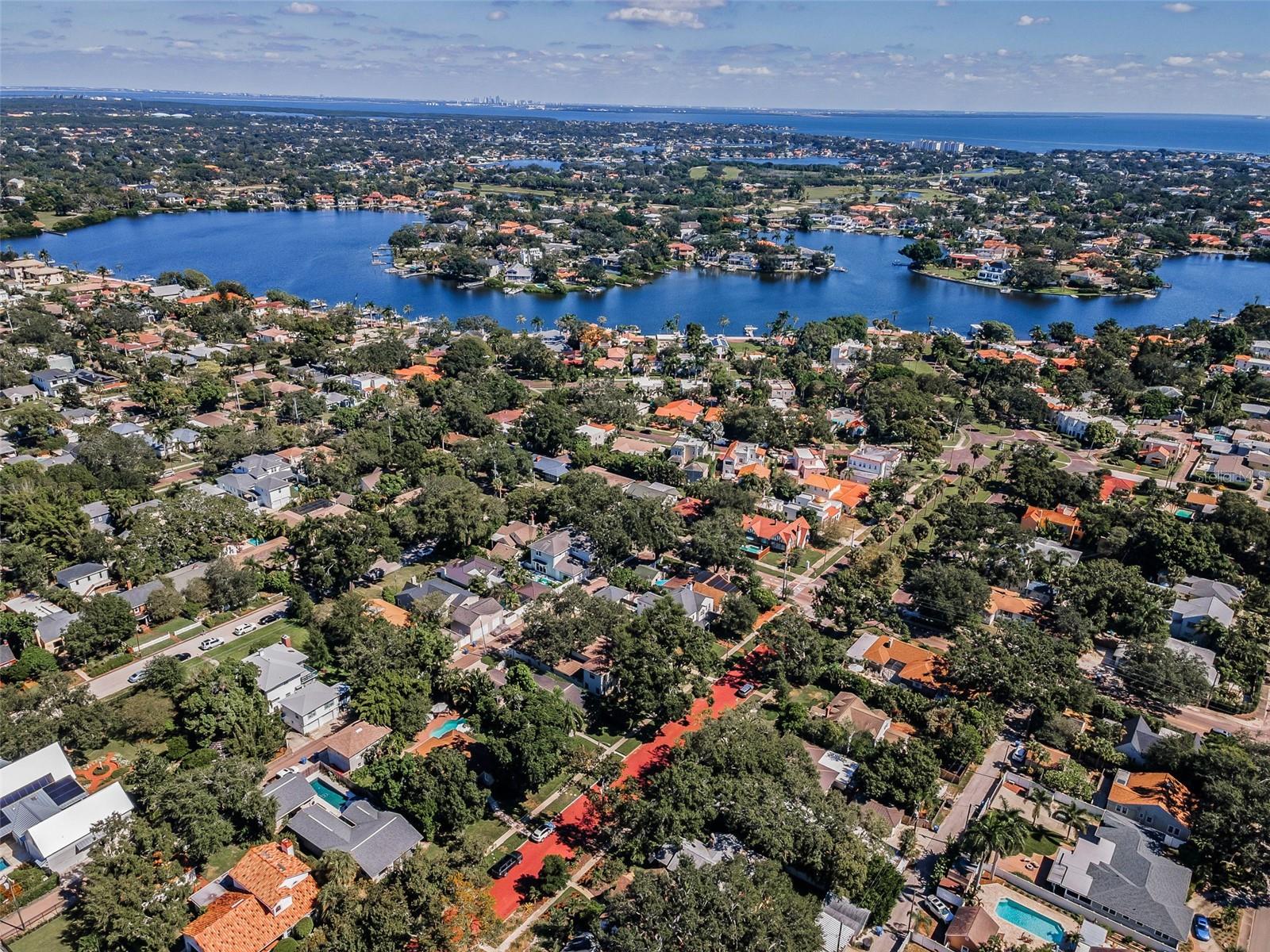 Aerial of views of the very special red brick street.