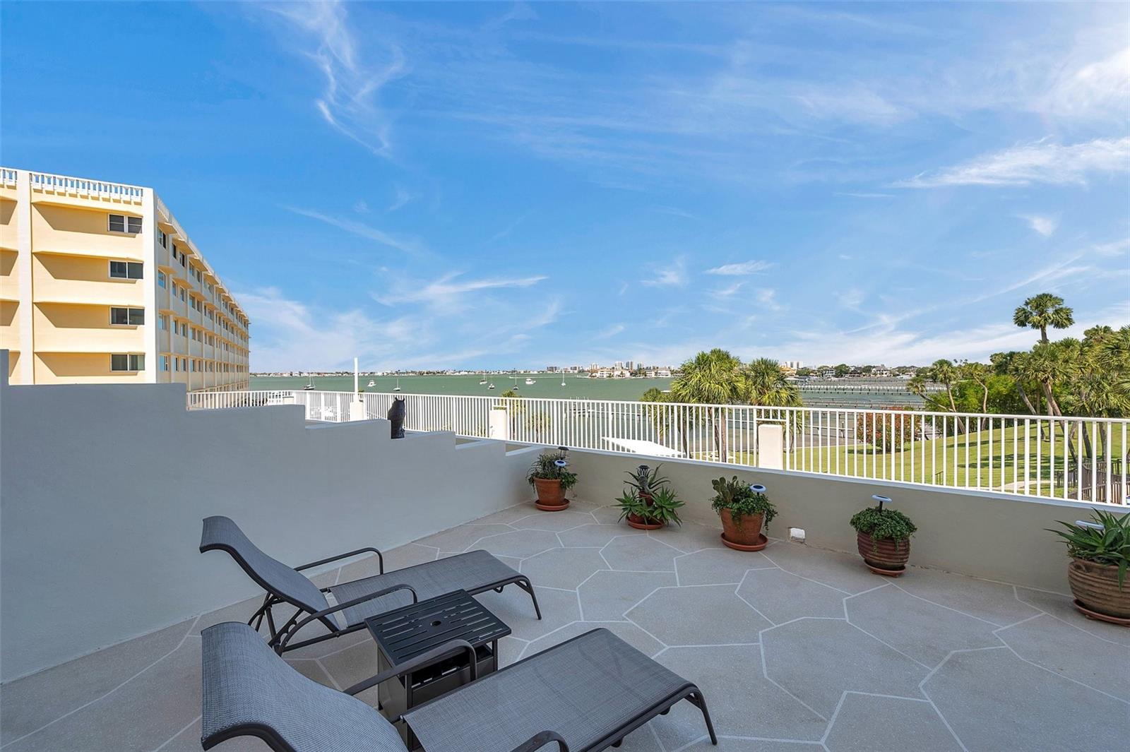 private deck with water and pool view