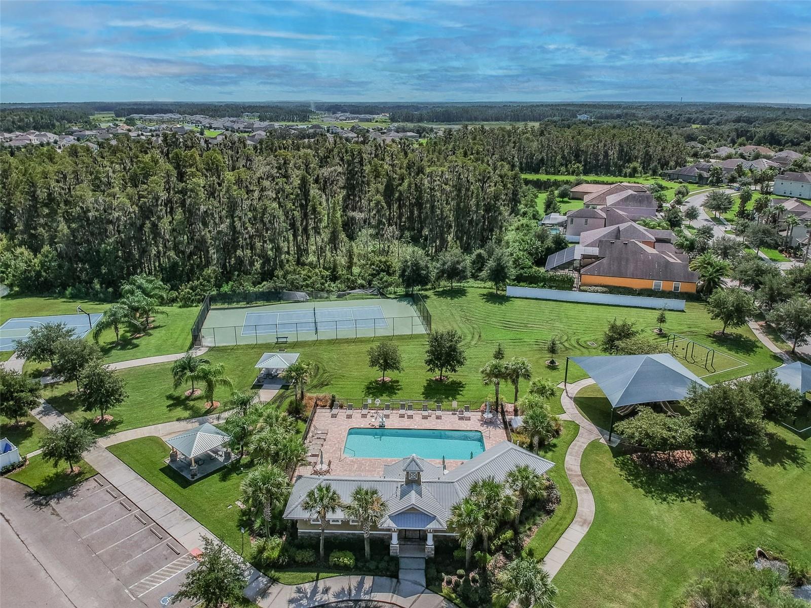 Pool area| tennis| basketball court| playground and walking areas