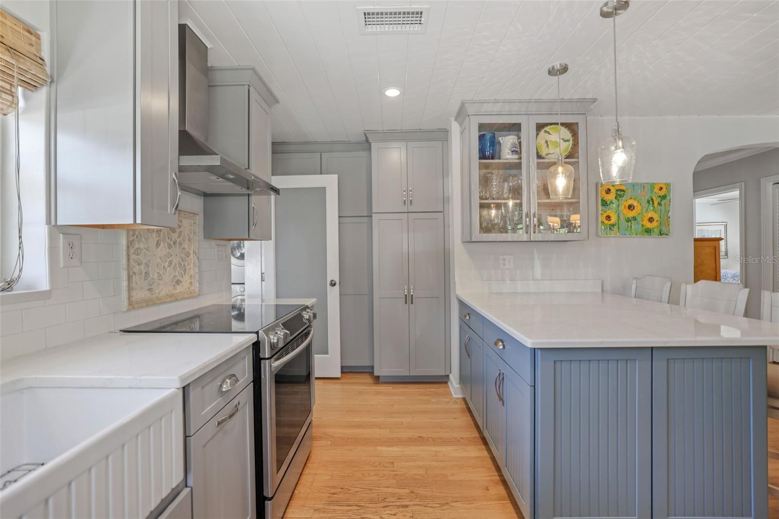 Pantry and extra storage with hardwood floors throughout