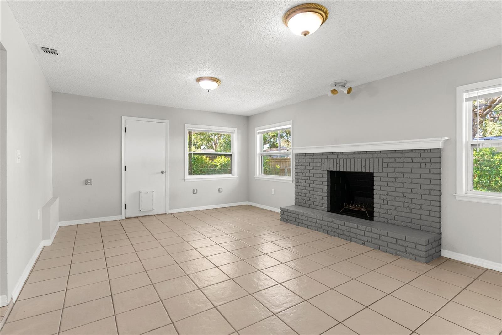 Wood Burning Fireplace in Family Room Doggy Door