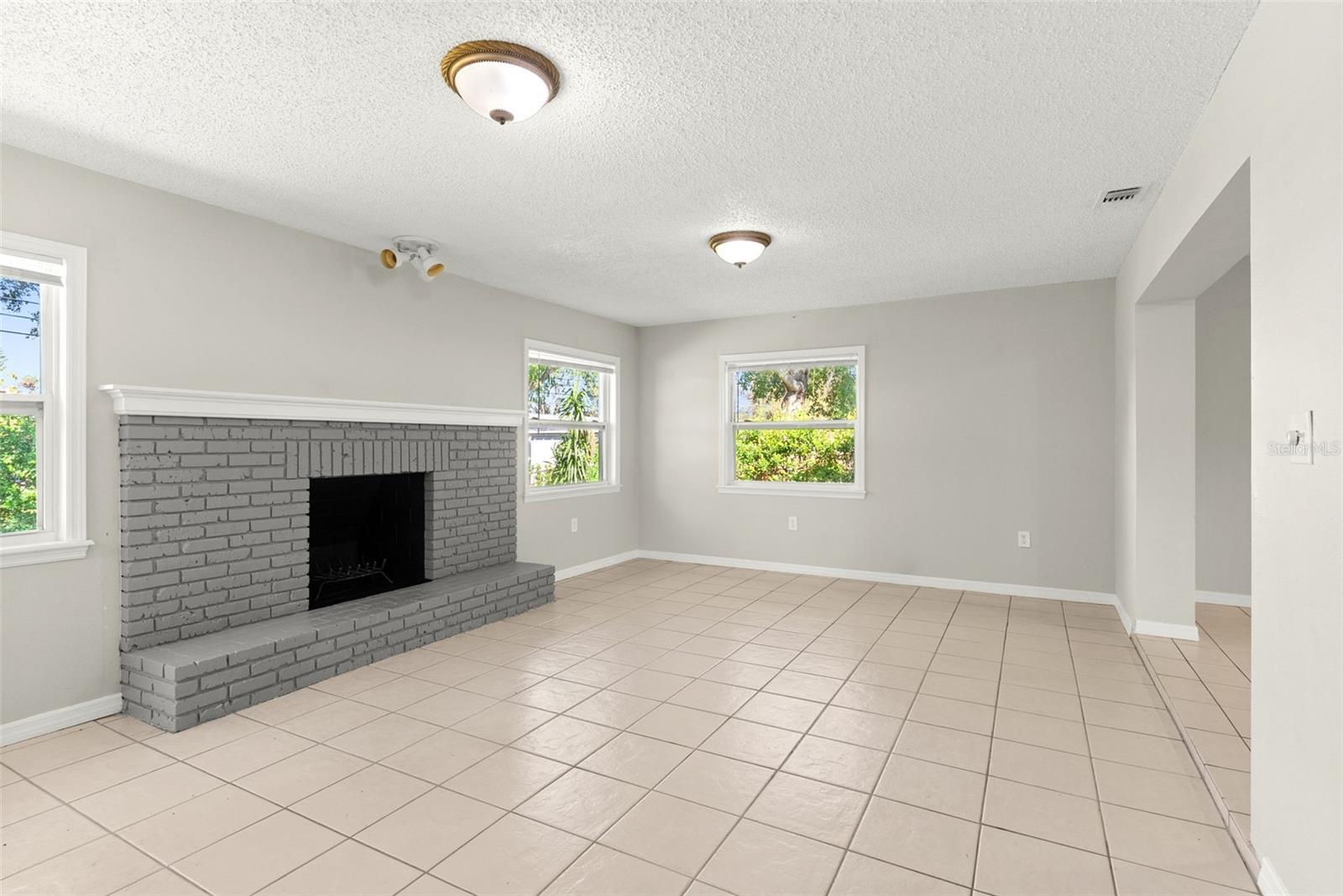 Freshly painted brick fireplace
