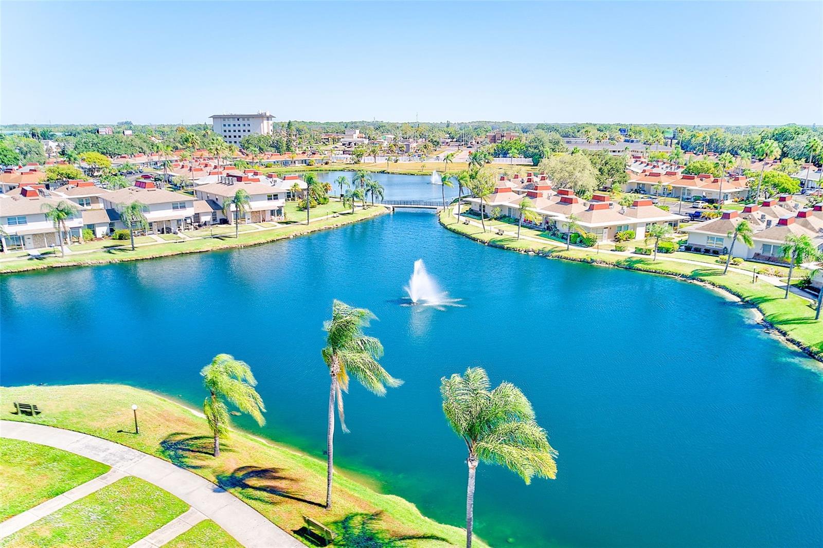Community pond with view of walking trail & bridges