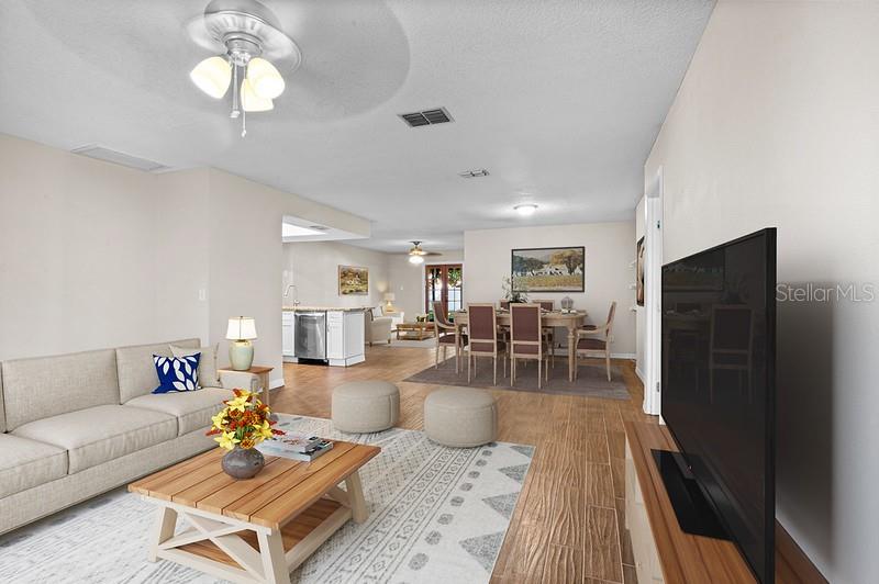 View from the front door, open concept living and dining room