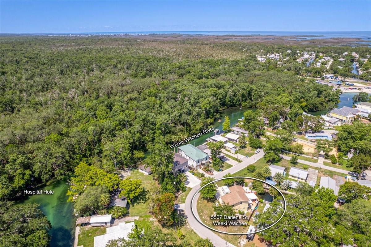 Aerial shows off the location of the main River, the famous Hospital Hole & The Gulf